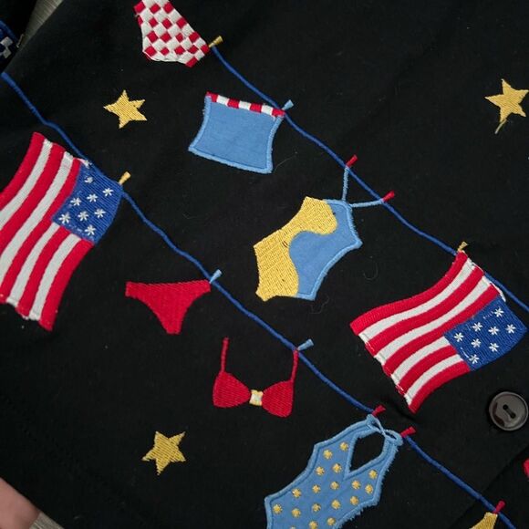 Michael Simon 4th of july summer american flag cardigan black embroidered art M - Picture 3 of 5